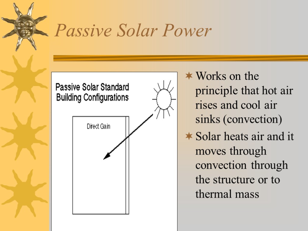 Passive Solar Power Works on the principle that hot air rises and cool air